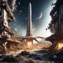 Depict the chaotic ruins of a futuristic space port. Imagine splintered spacecrafts, disheveled launch pads and scattered debris, set against the backdrop of a multitude of stars and distant galaxies.