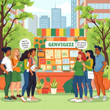 A vibrant and engaging illustration depicting a diverse group of Gen Z individuals in an urban setting, gathered around a colorful market stall showcasing various financial literacy tools like books, charts, and digital devices