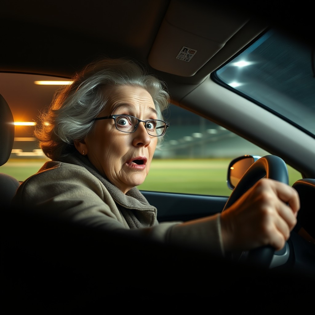 An older woman driving a car at high speed, showing a scared expression on her face with wide eyes, gripping the steering wheel tightly