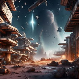 Depict the chaotic ruins of a futuristic space port. Imagine splintered spacecrafts, disheveled launch pads and scattered debris, set against the backdrop of a multitude of stars and distant galaxies.