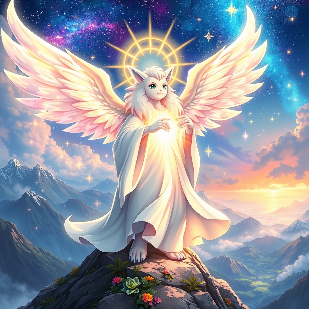 A majestic depiction of God reimagined as a Pokémon, embodying divine features such as radiant light, flowing robes made of clouds, and a serene expression