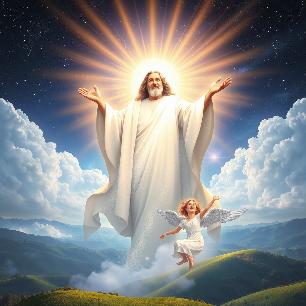 A majestic and awe-inspiring representation of God as a divine figure, radiating light and surrounded by celestial elements