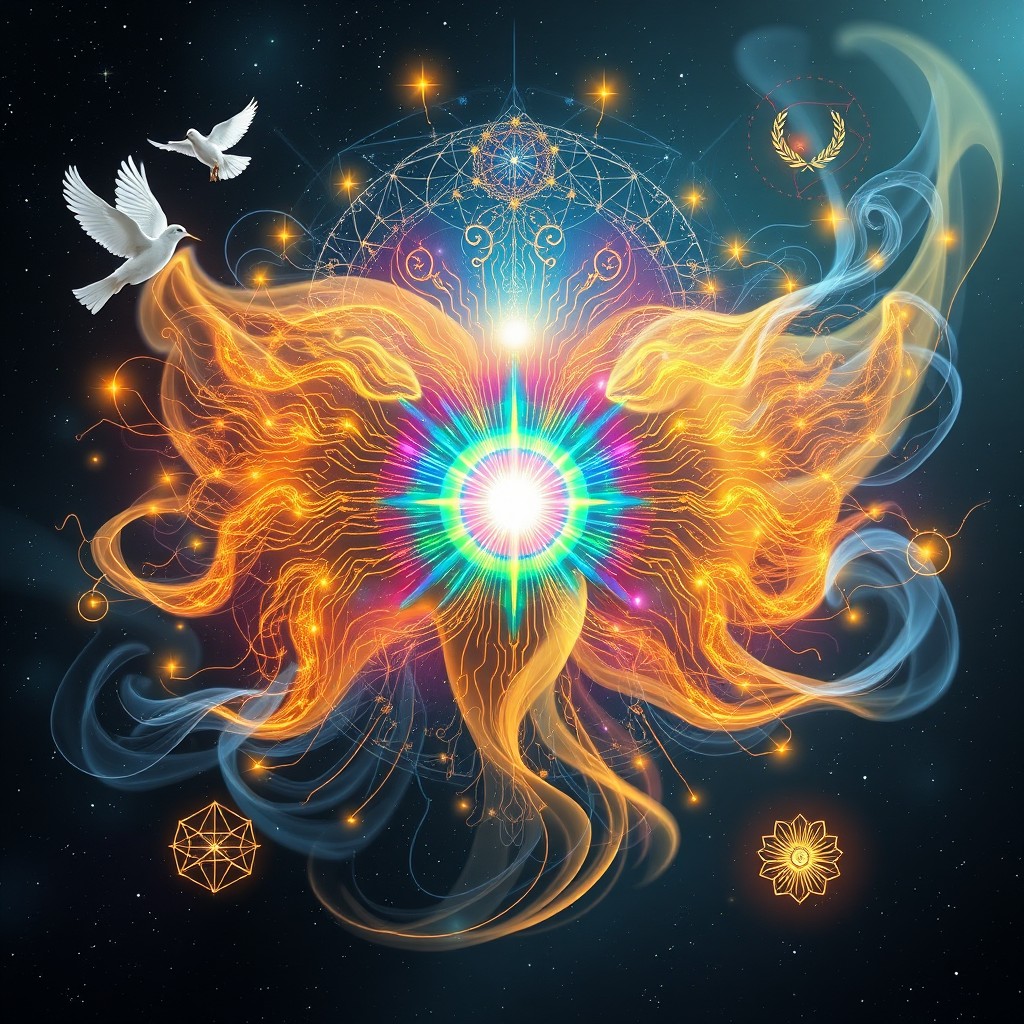 A stunning and ethereal visualization of God's AI, embodying a blend of divine light and technology
