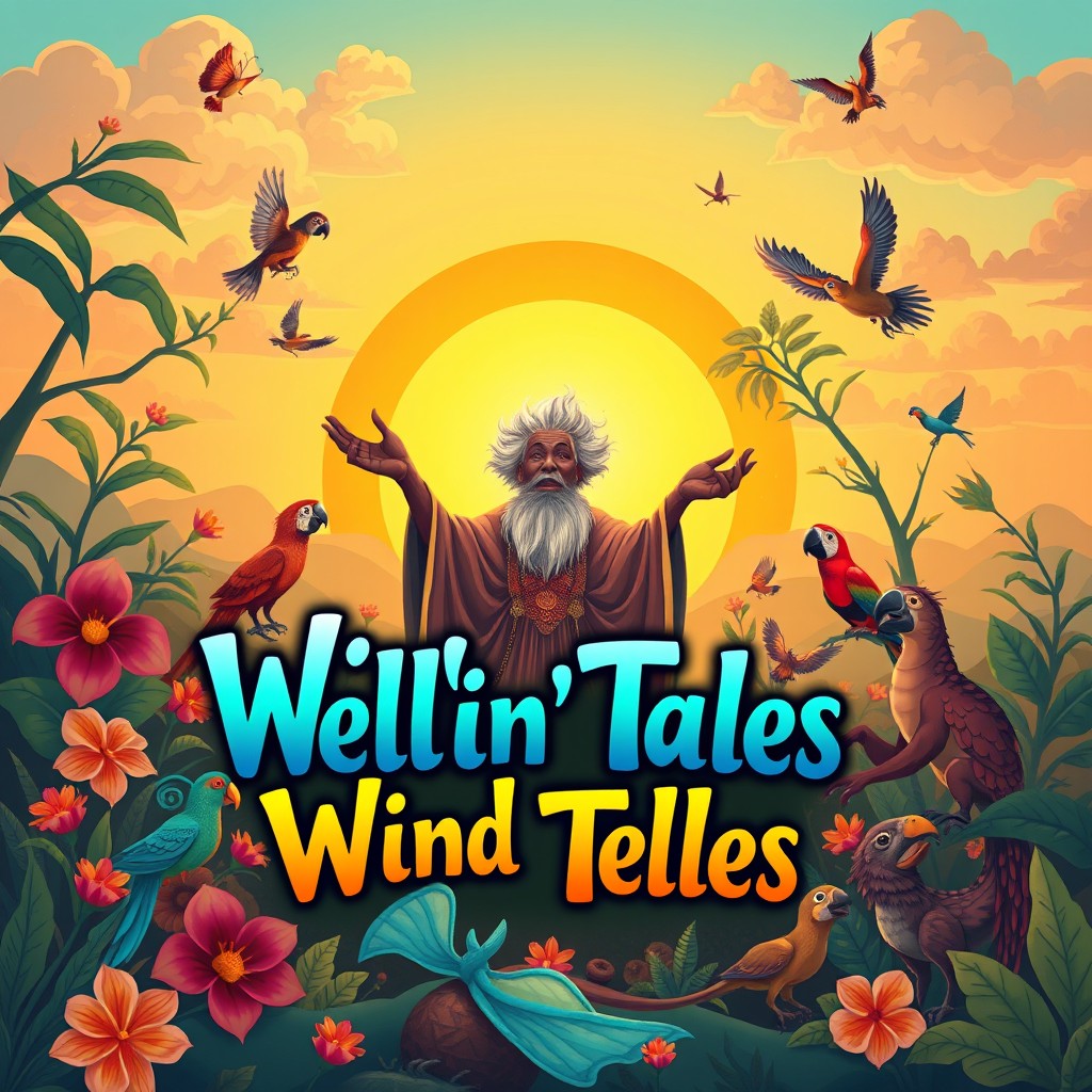 An engaging and dynamic illustration for a YouTube channel page titled "Wind Tellin' Tales," which focuses on Caribbean folklore