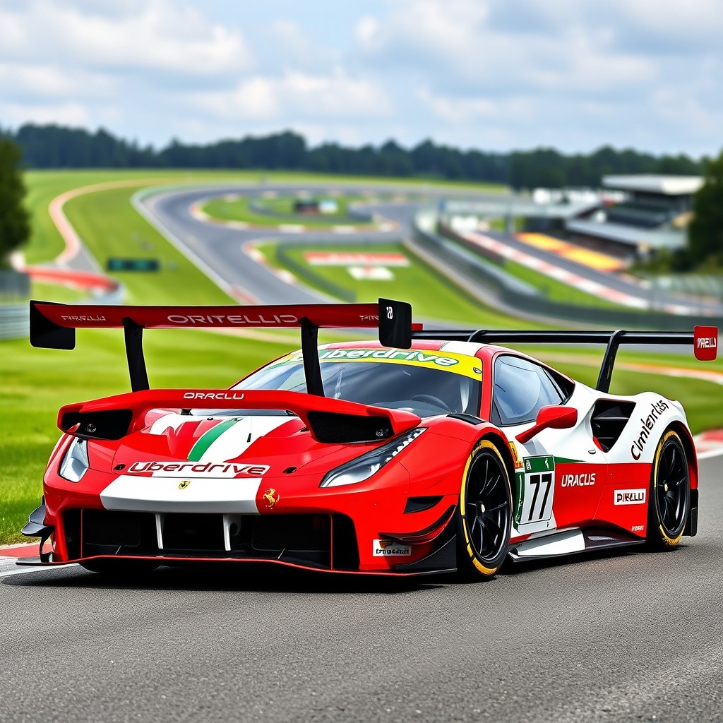 A stunning Ferrari 488 GT3 race car in vibrant red and white colors, featuring an impressive GT wing