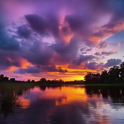 A breathtaking view of an evening sky, filled with vibrant hues of oranges and purples, reflecting the setting sun.