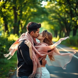A passionate couple deeply engaged in a romantic kiss on a scenic road