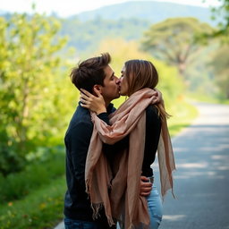 A passionate couple deeply engaged in a romantic kiss on a scenic road