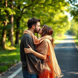 A passionate couple deeply engaged in a romantic kiss on a scenic road