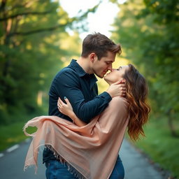A passionate couple deeply engaged in a romantic kiss on a scenic road