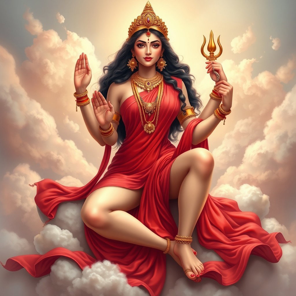 A stunning Devi Goddess with a soft ethereal glow, adorned with exquisite jewelry around her neck and traditional payal on her feet