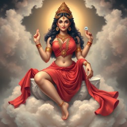 A stunning Devi Goddess with a soft ethereal glow, adorned with exquisite jewelry around her neck and traditional payal on her feet