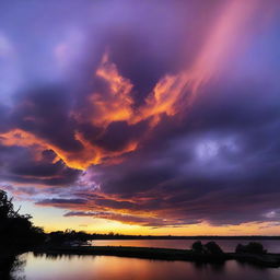 A breathtaking view of an evening sky, filled with vibrant hues of oranges and purples, reflecting the setting sun.