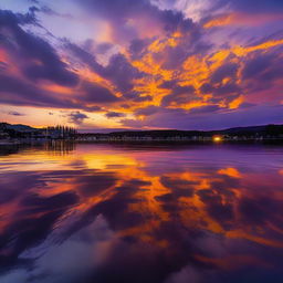 A breathtaking view of an evening sky, filled with vibrant hues of oranges and purples, reflecting the setting sun.