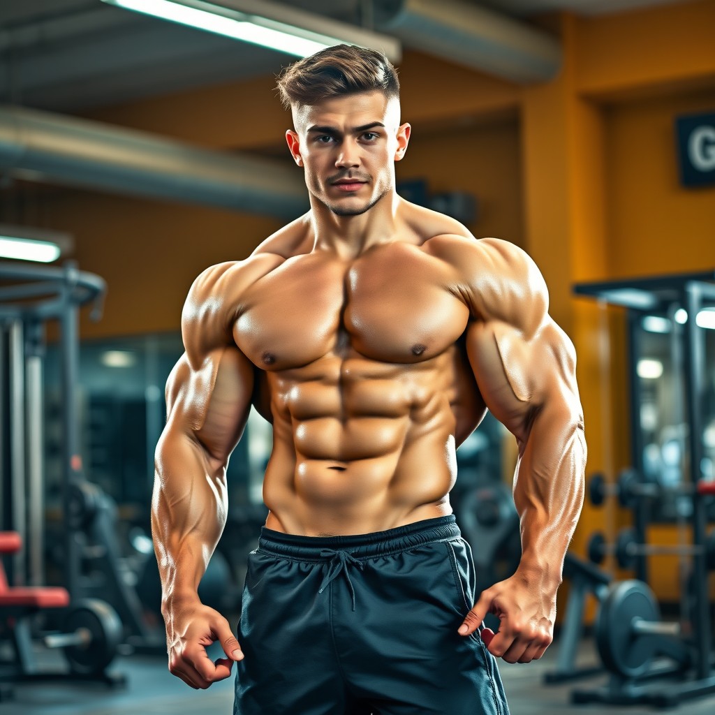A hyper muscular teenage bodybuilder with gigantic muscles, posing in a gym environment