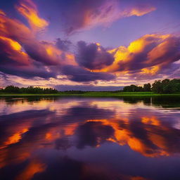 A breathtaking view of an evening sky, filled with vibrant hues of oranges and purples, reflecting the setting sun.