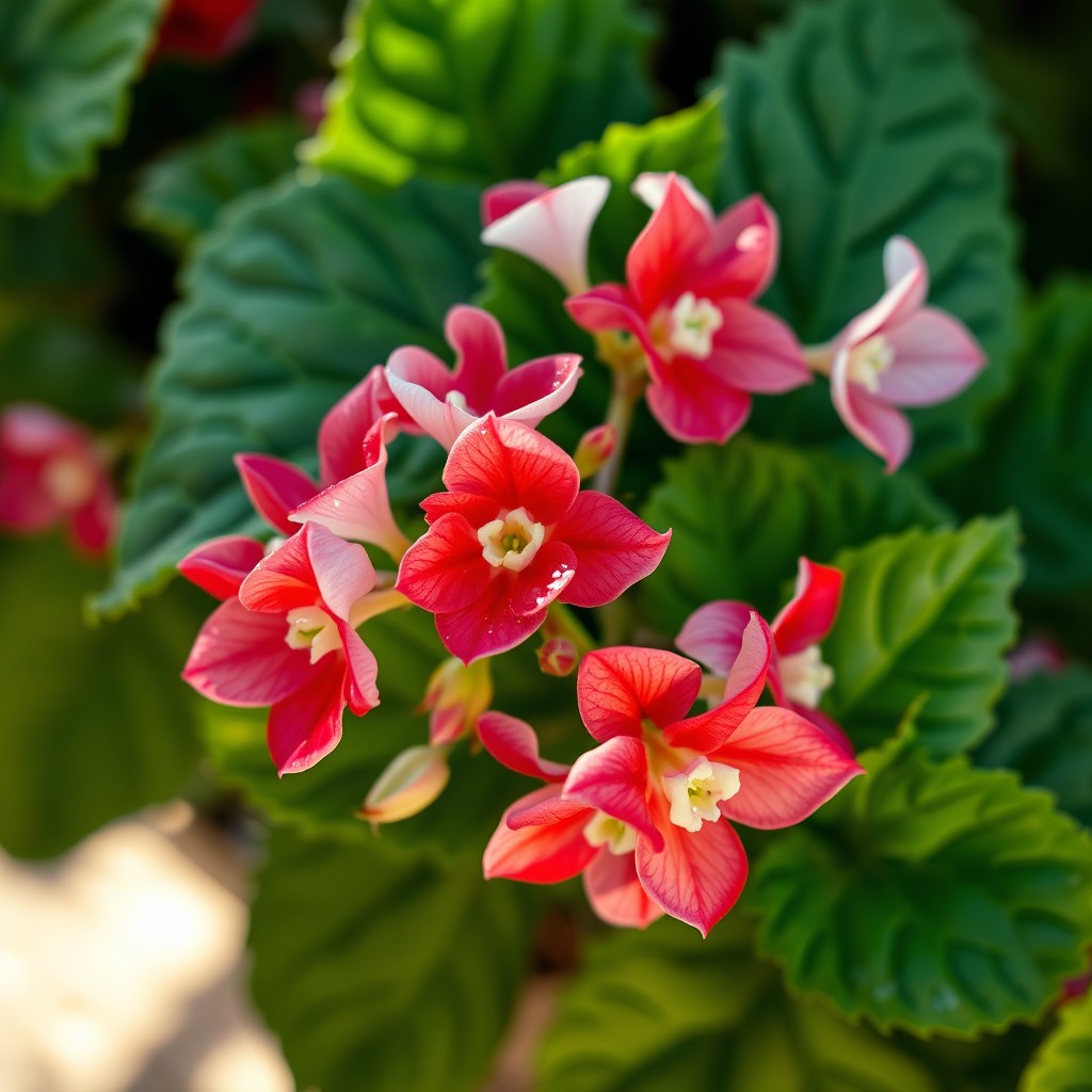 A vibrant and detailed close-up of a begonia plant showcasing its lush green leaves and striking multicolored flowers