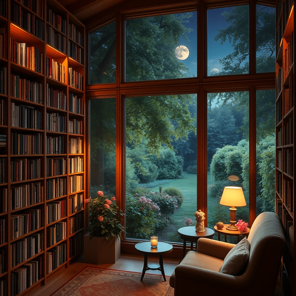 A cozy and inviting room filled with tall bookshelves brimming with books, illuminated by soft warm light