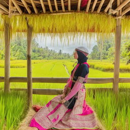 A beautiful Russian teenager in a hijab and traditional Sundanese clothes, posing in a bright and beautiful rice field hut.