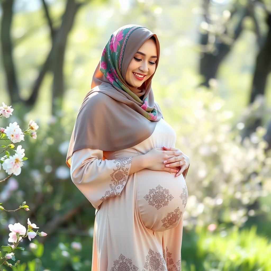 A beautiful pregnant woman wearing a colorful hijab, standing gracefully in a serene natural setting