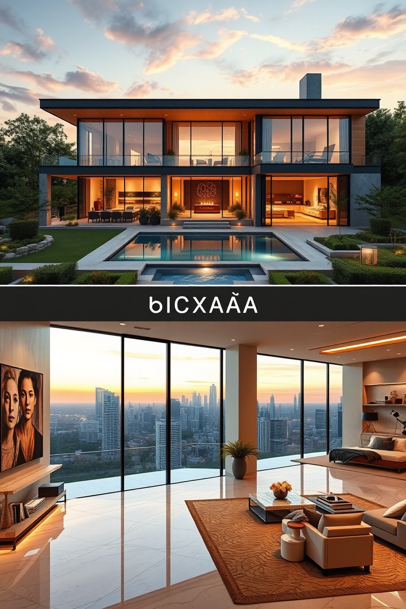 A sleek luxury estate concept, showcasing a modern architectural design with large glass windows, a beautifully landscaped garden, and a radiant swimming pool
