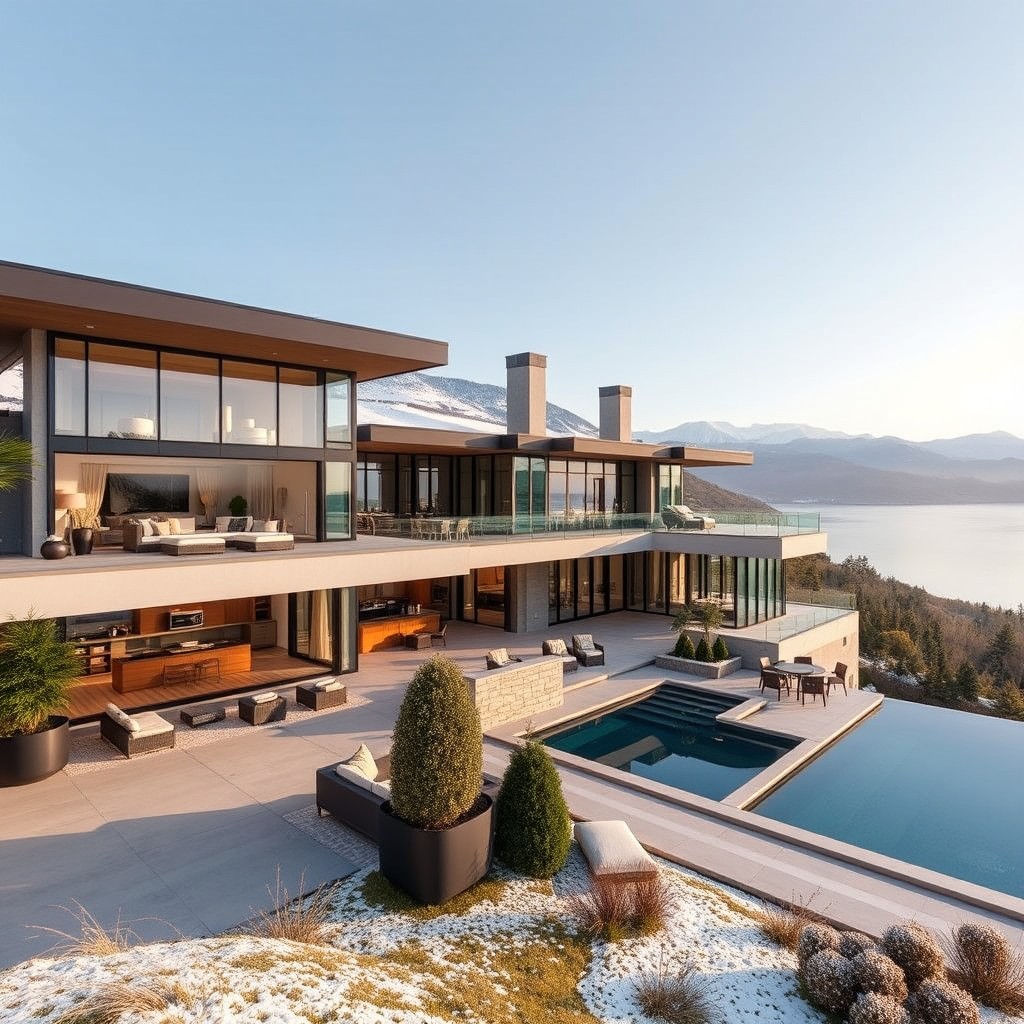 A stunning luxury estate surrounded by pristine landscapes, featuring a modern architectural design with expansive glass windows and elegant outdoor spaces