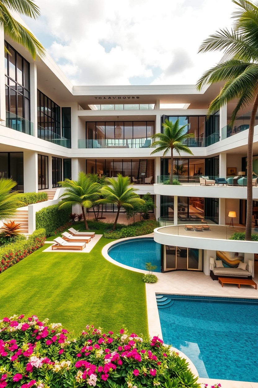 A stunning luxury estate showcasing modern architecture with sleek lines and expansive windows, featuring a beautifully landscaped garden with manicured lawns and vibrant flowering plants