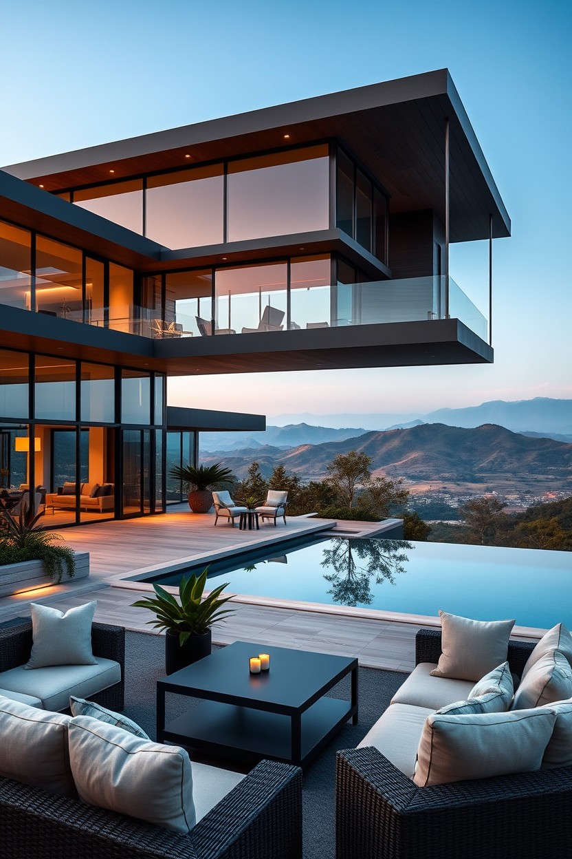 A sleek luxury estate showcasing an elite lifestyle, featuring modern architecture with large glass windows, a spacious outdoor infinity pool with a stunning view, and elegantly landscaped gardens adorned with exotic plants