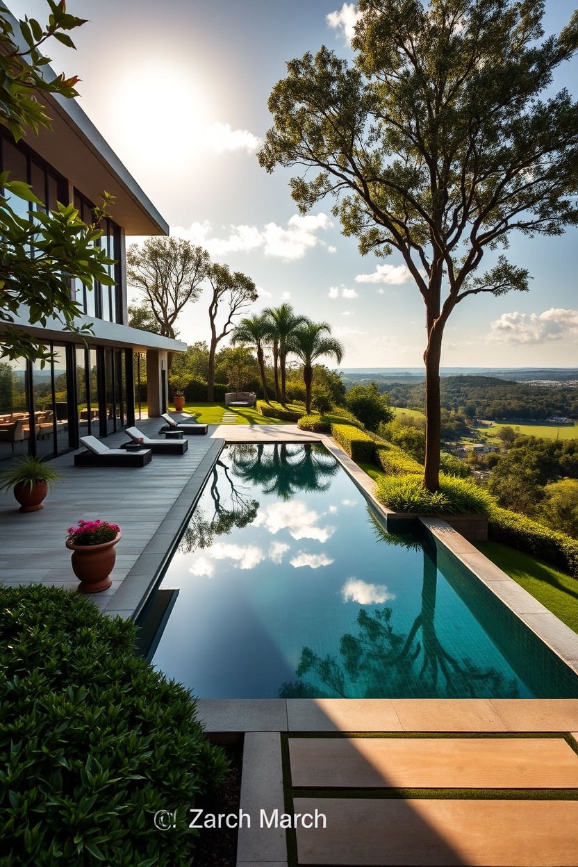A sleek luxury estate surrounded by lush greenery and beautifully manicured gardens, showcasing a modern architectural design with large glass windows and elegant outdoor seating areas