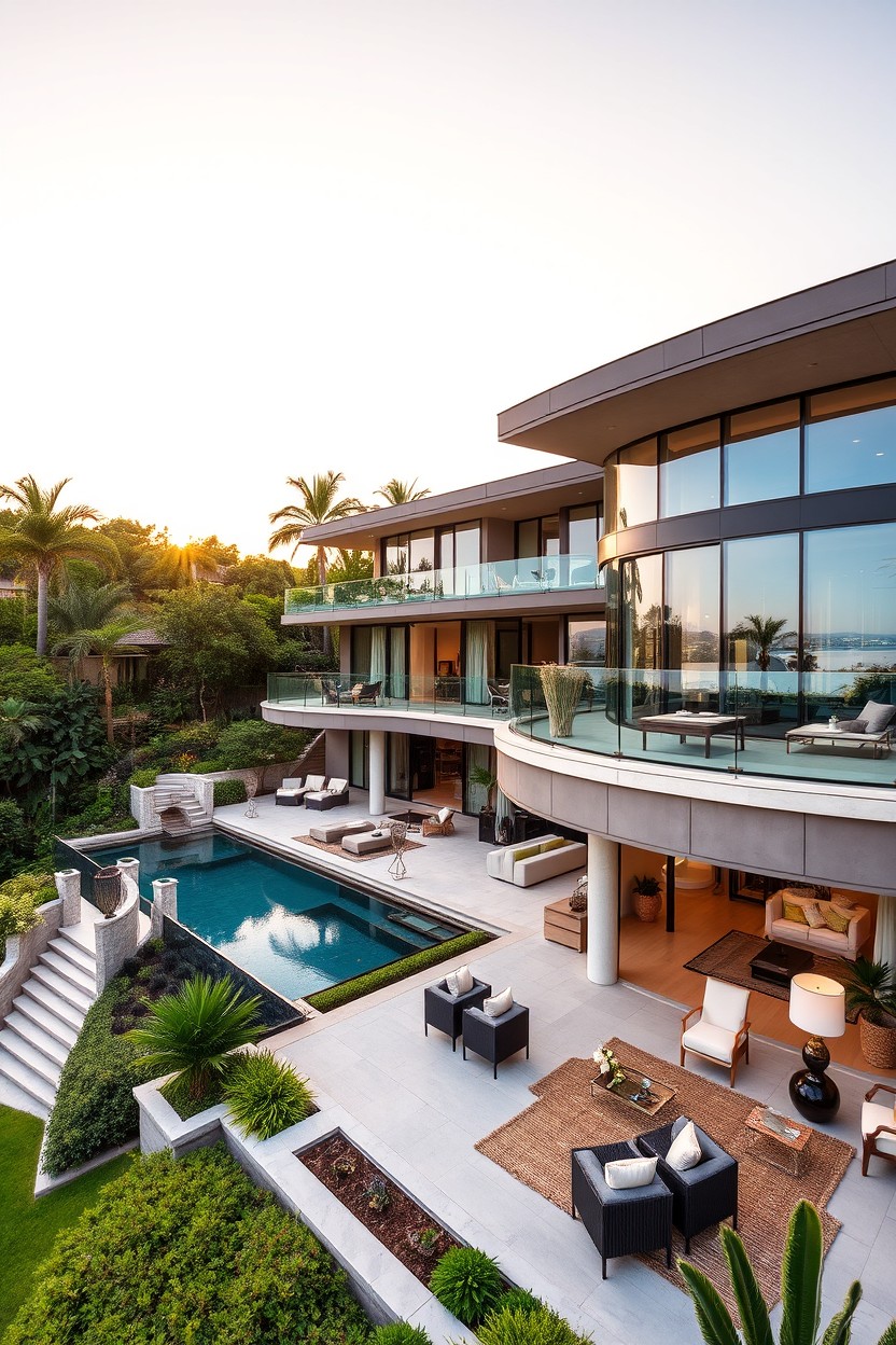 A luxurious modern estate showcasing an elite lifestyle, surrounded by lush greenery and elegant landscaping