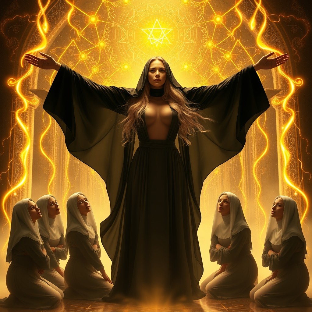 A high priestess standing in the center of an ethereal golden ritual hall