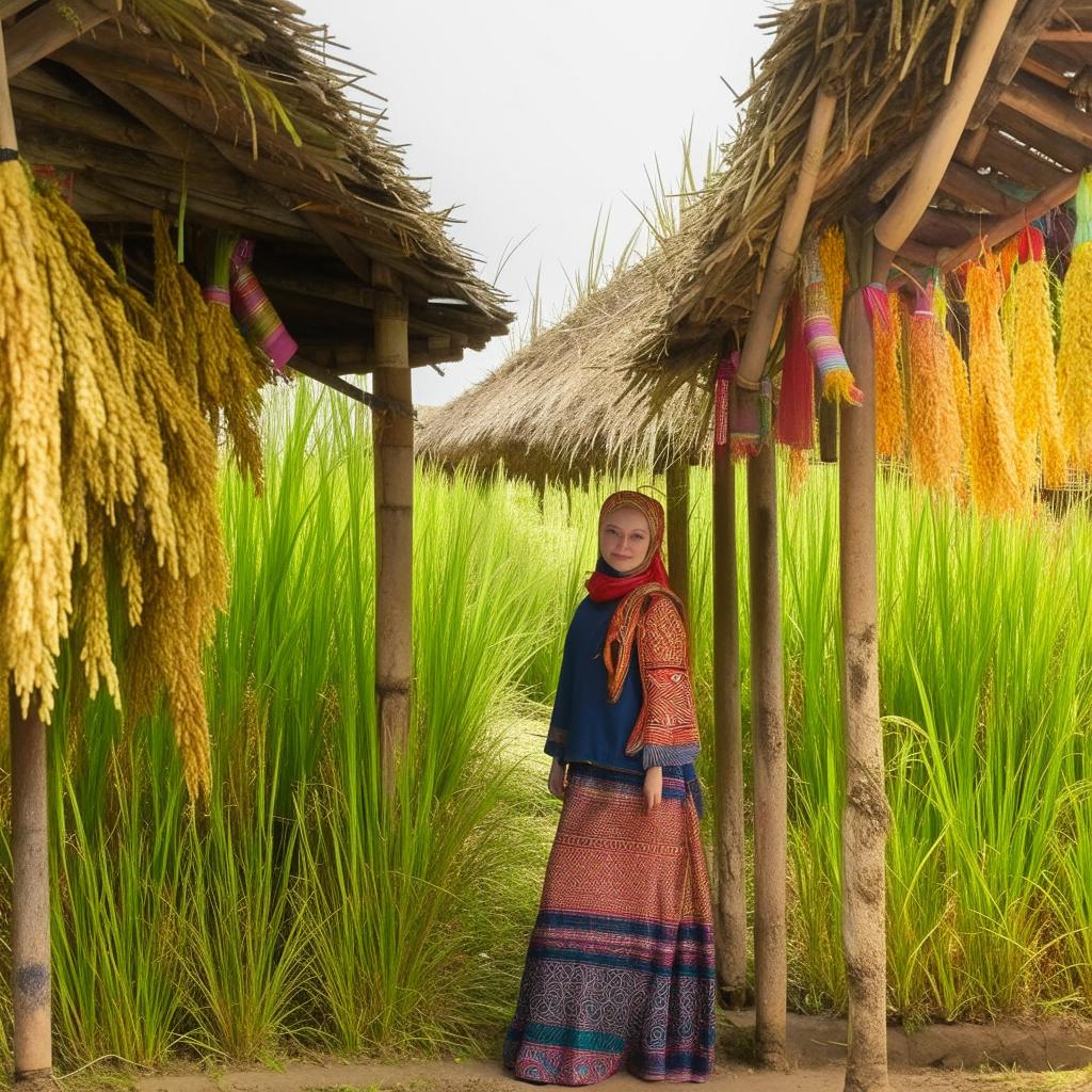 A beautiful Russian teenager in a hijab and traditional Sundanese clothes, posing in a bright and beautiful rice field hut.