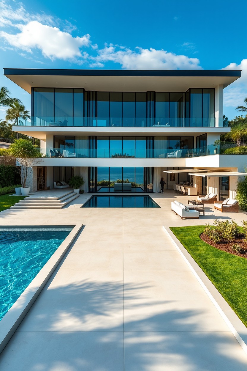 A sleek luxury estate showcasing an elite lifestyle, featuring modern architecture with large glass windows, beautifully landscaped gardens, a sparkling infinity pool overlooking a stunning view, elegant outdoor lounge areas adorned with chic furniture, and a pristine driveway leading to a grand entrance