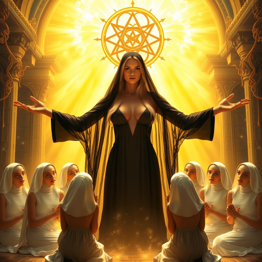 A powerful and spiritual Superior Mother stands confidently in the center of a golden, ethereal ritual hall
