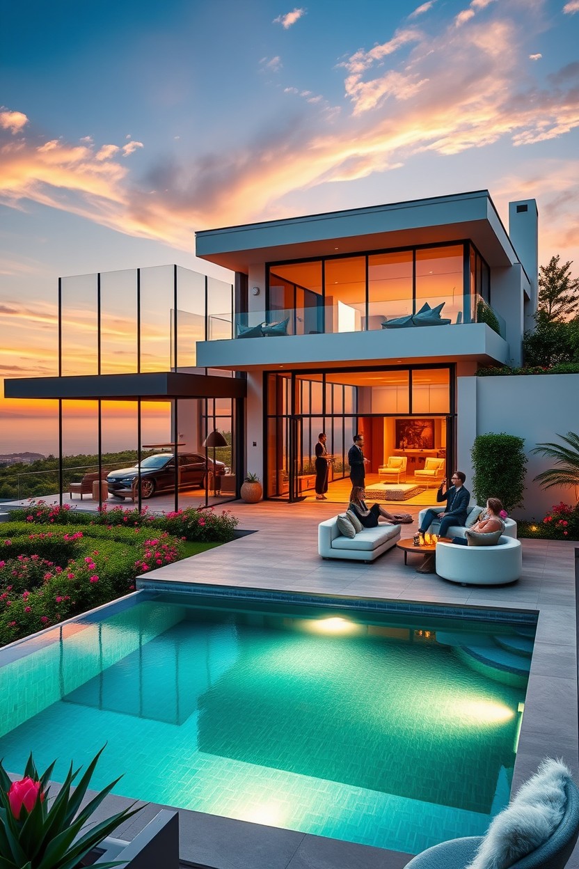A sleek and modern luxury estate showcasing an elite lifestyle, featuring expansive glass walls that provide stunning views of the sunset, lush landscaped gardens with vibrant flowers, and a glistening infinity pool