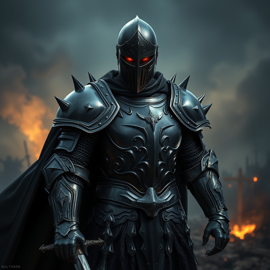 A knight of vengeance clad in intricate full plate armor that gleams with a dark, menacing sheen