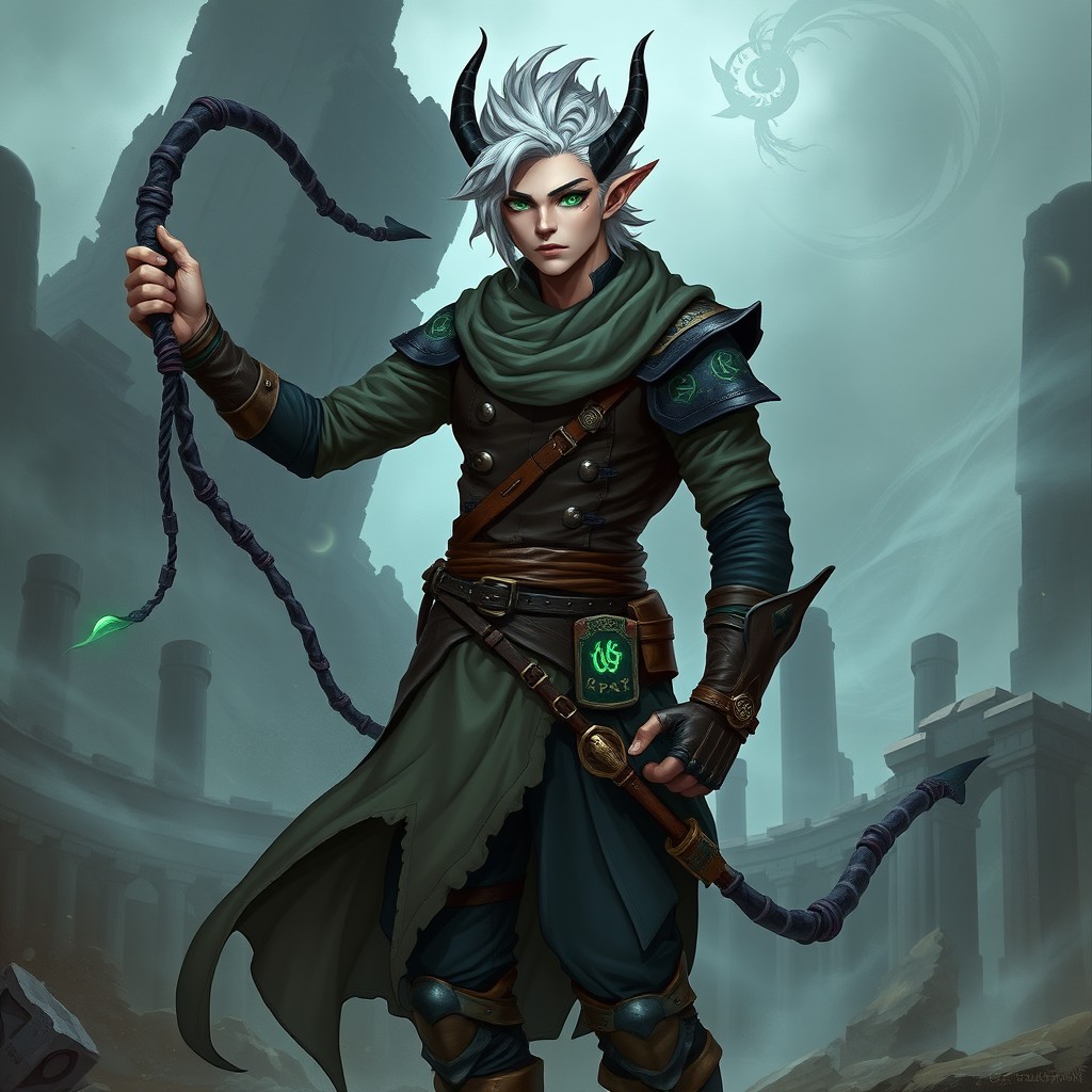 A male character inspired by Dungeons & Dragons, showcasing a Changeling with a whip