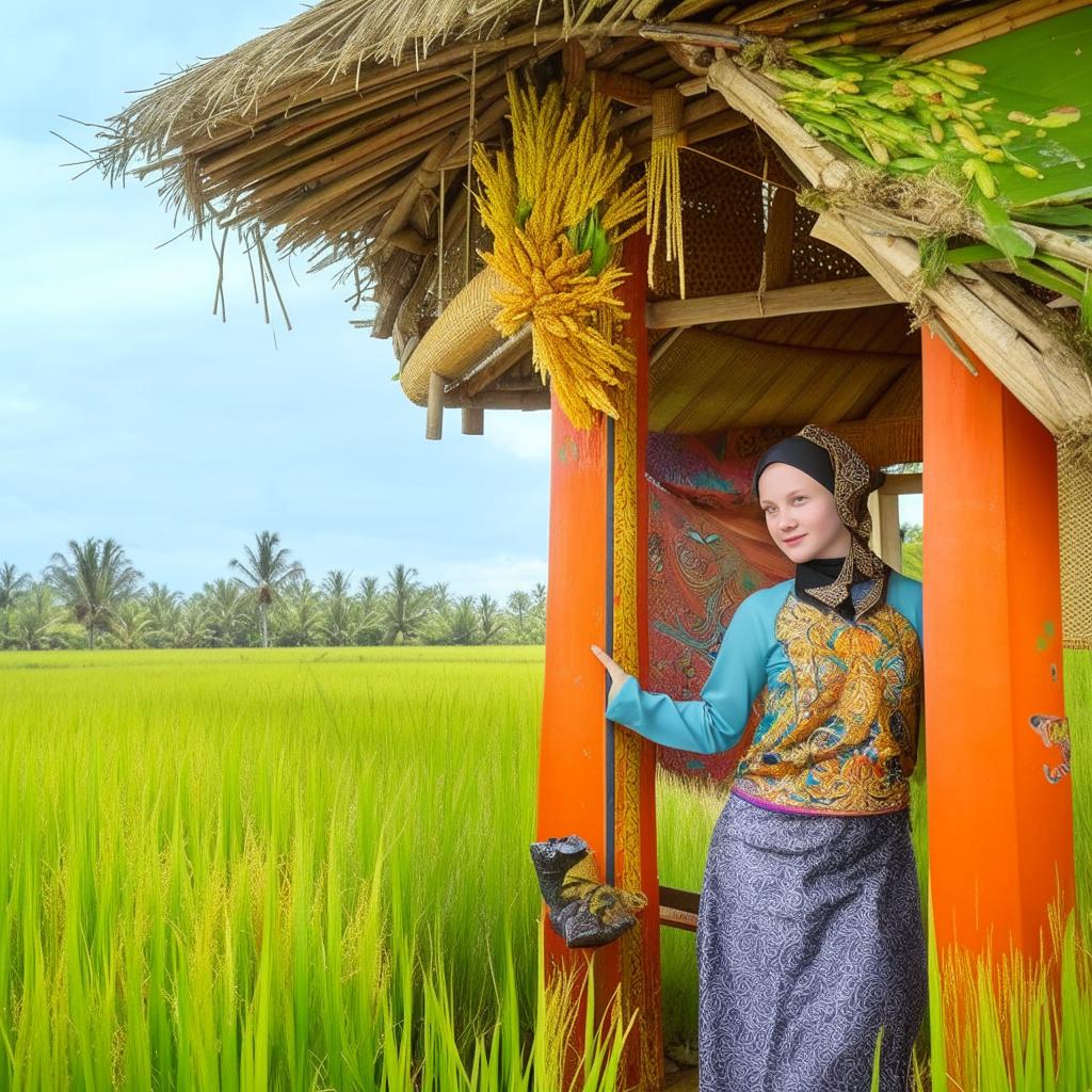 A beautiful Russian teenager in a hijab and traditional Sundanese clothes, posing in a bright and beautiful rice field hut.