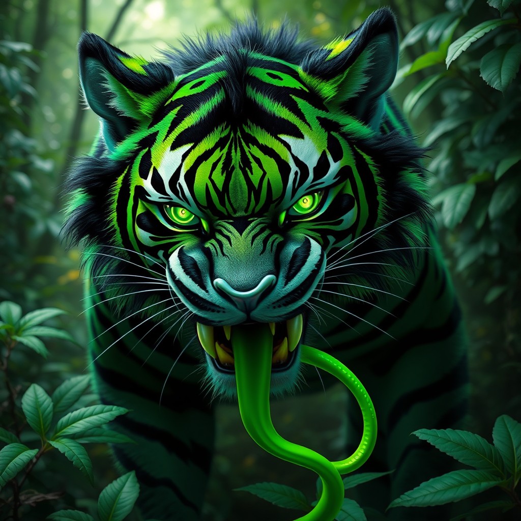 An imaginative character resembling a tiger, adorned with striking black and vibrant green fur that creates a bold visual contrast