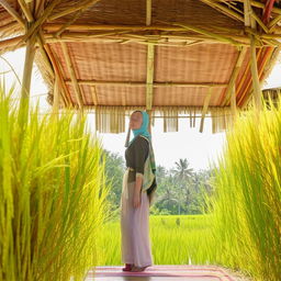 A beautiful Russian teenager in a hijab and traditional Sundanese clothes, posing in a bright and beautiful rice field hut.