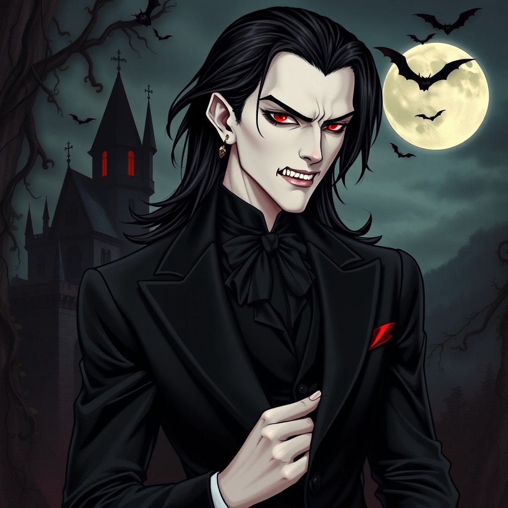 A striking vampire character with a pale complexion and sharp fangs, dressed in an elegant, Victorian-style black suit adorned with subtle crimson accents