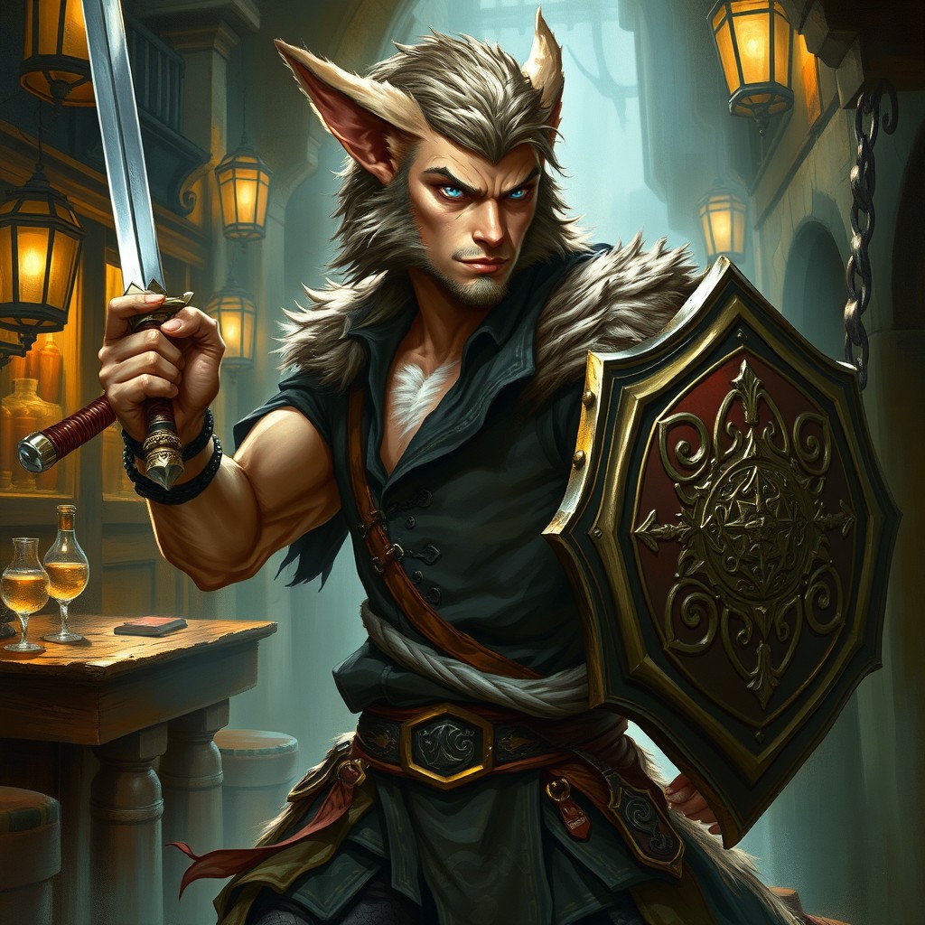 A detailed portrait of a male shifter character for Dungeons and Dragons, embodying the class of illrigger