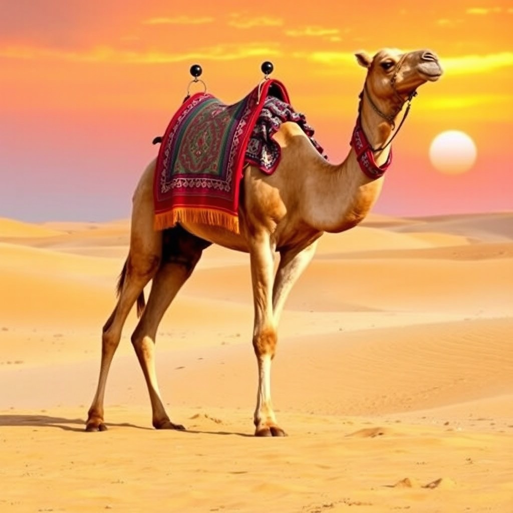 A majestic Arabian camel standing tall in the desert landscape, with its sandy surroundings and a vibrant sunset in the background