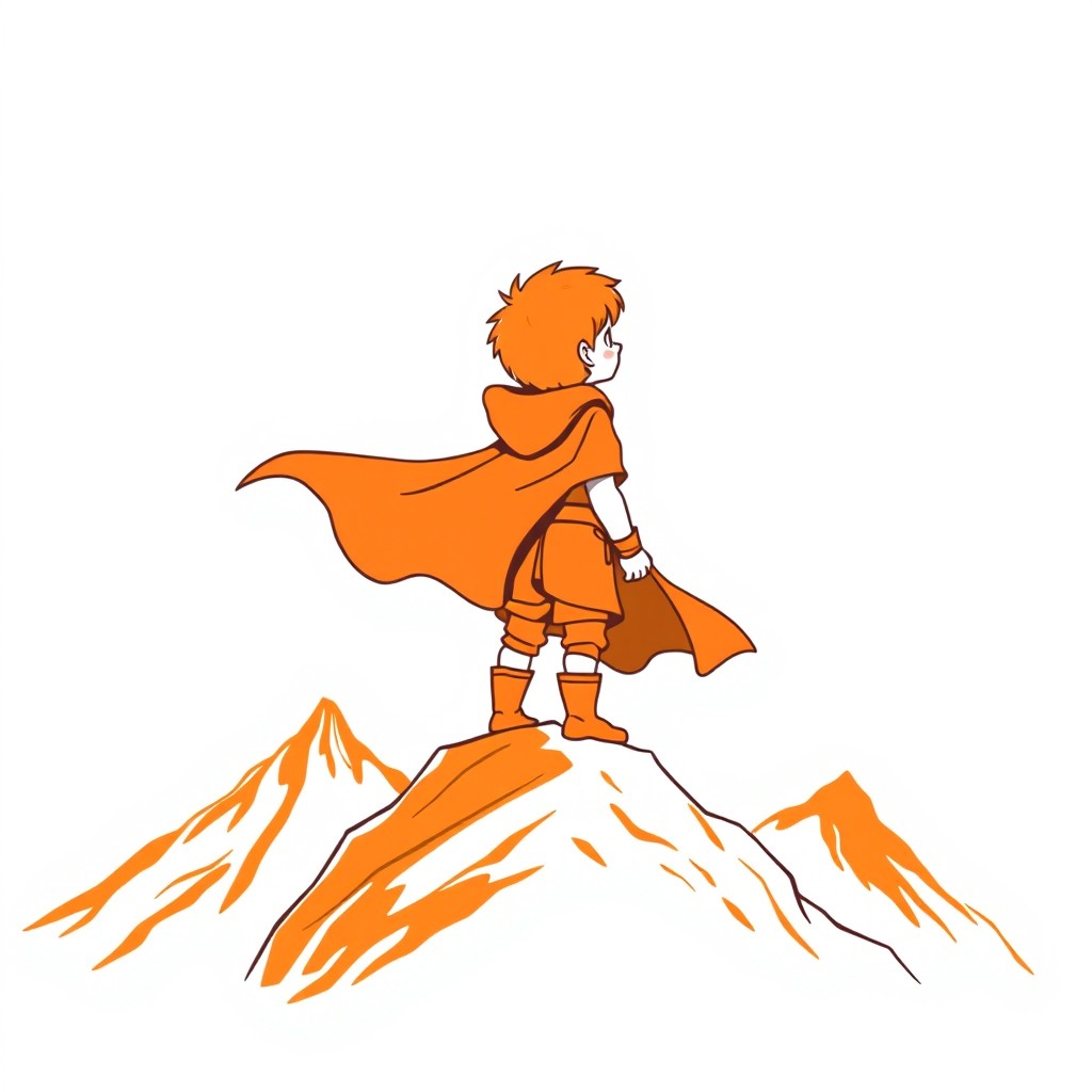 A child standing on a mountain, dressed in a dramatic heroic cloak, gazing into the distance with a sense of adventure and determination