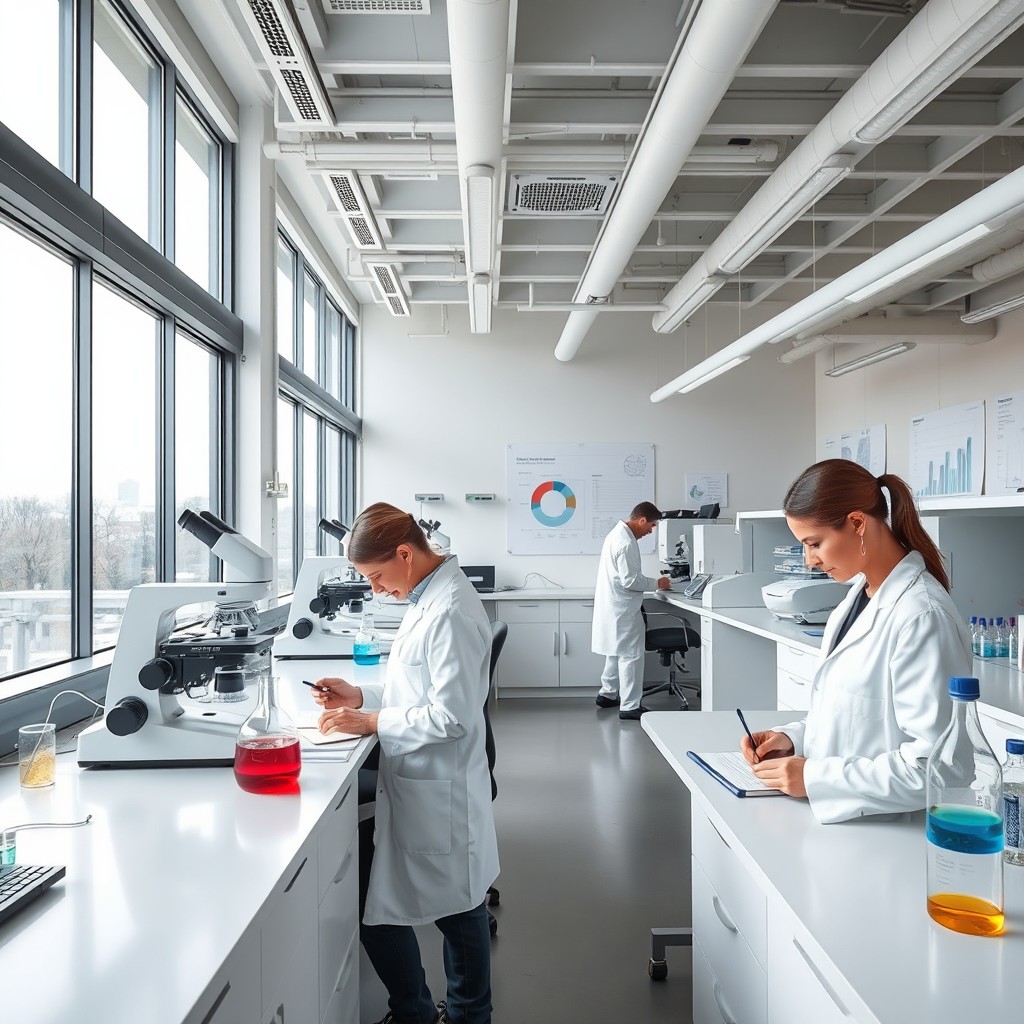 A modern analysis laboratory, featuring advanced scientific equipment such as microscopes, centrifuges, and test tubes