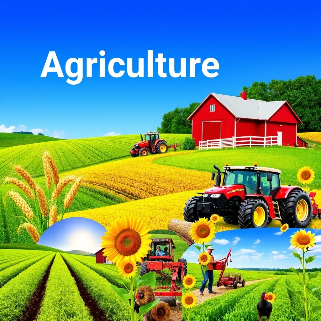 A vibrant and colorful collage representing agriculture, featuring elements such as lush green fields, ripe crops like wheat and corn, a picturesque farm with a red barn, farm animals like cows and chickens, and agricultural machinery like tractors and plows