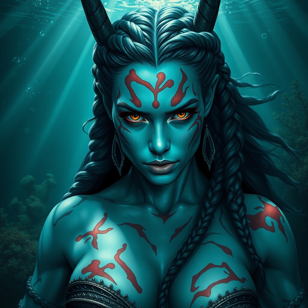A blue-green skinned Triton with unique arena burns adorning her skin, showcasing her battle prowess