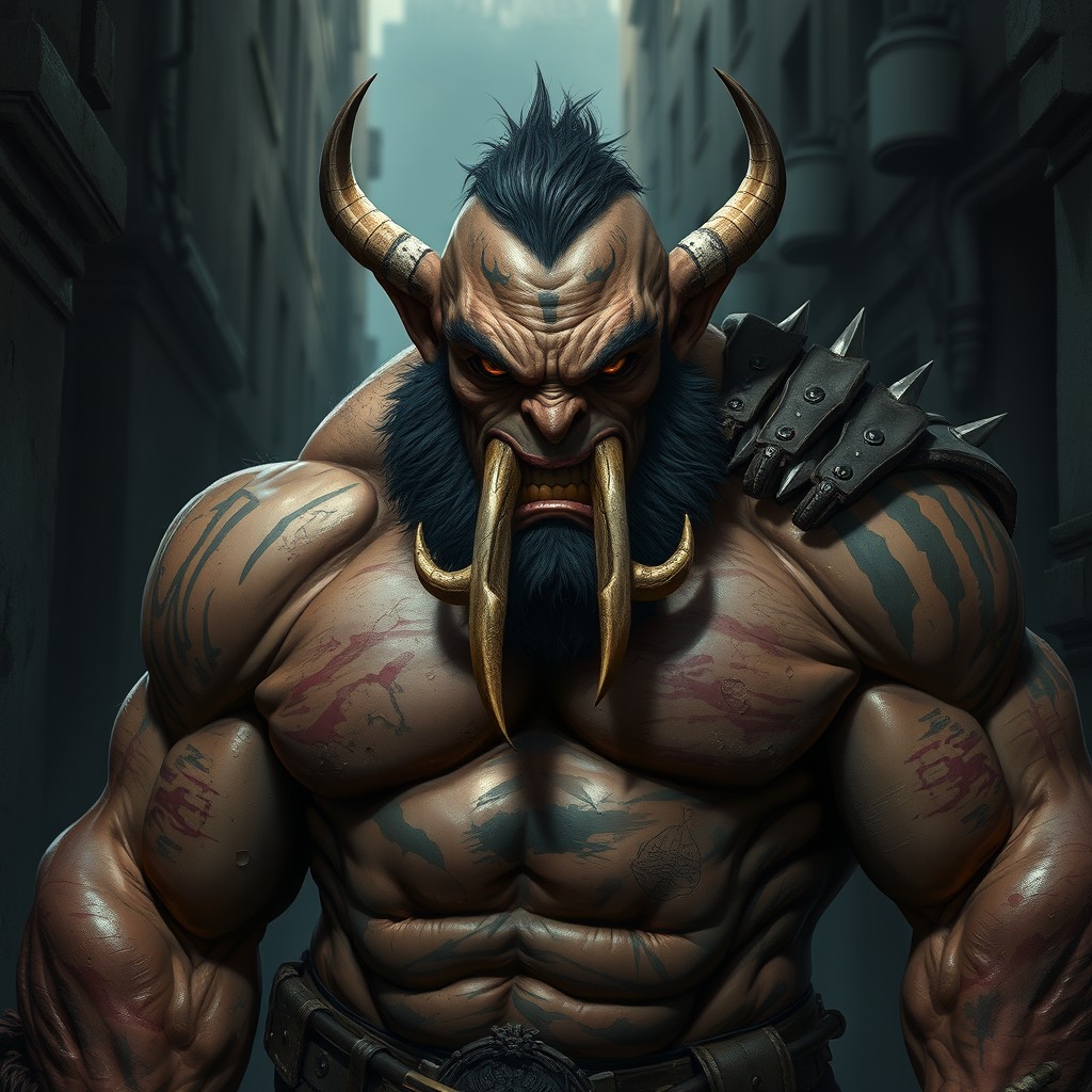 A massive Half-Orc Brawler, heavily scarred from numerous battles, showcasing his rugged and intimidating presence