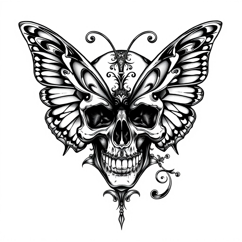 A gothic tattoo design featuring a detailed skull intertwined with intricate butterfly elements