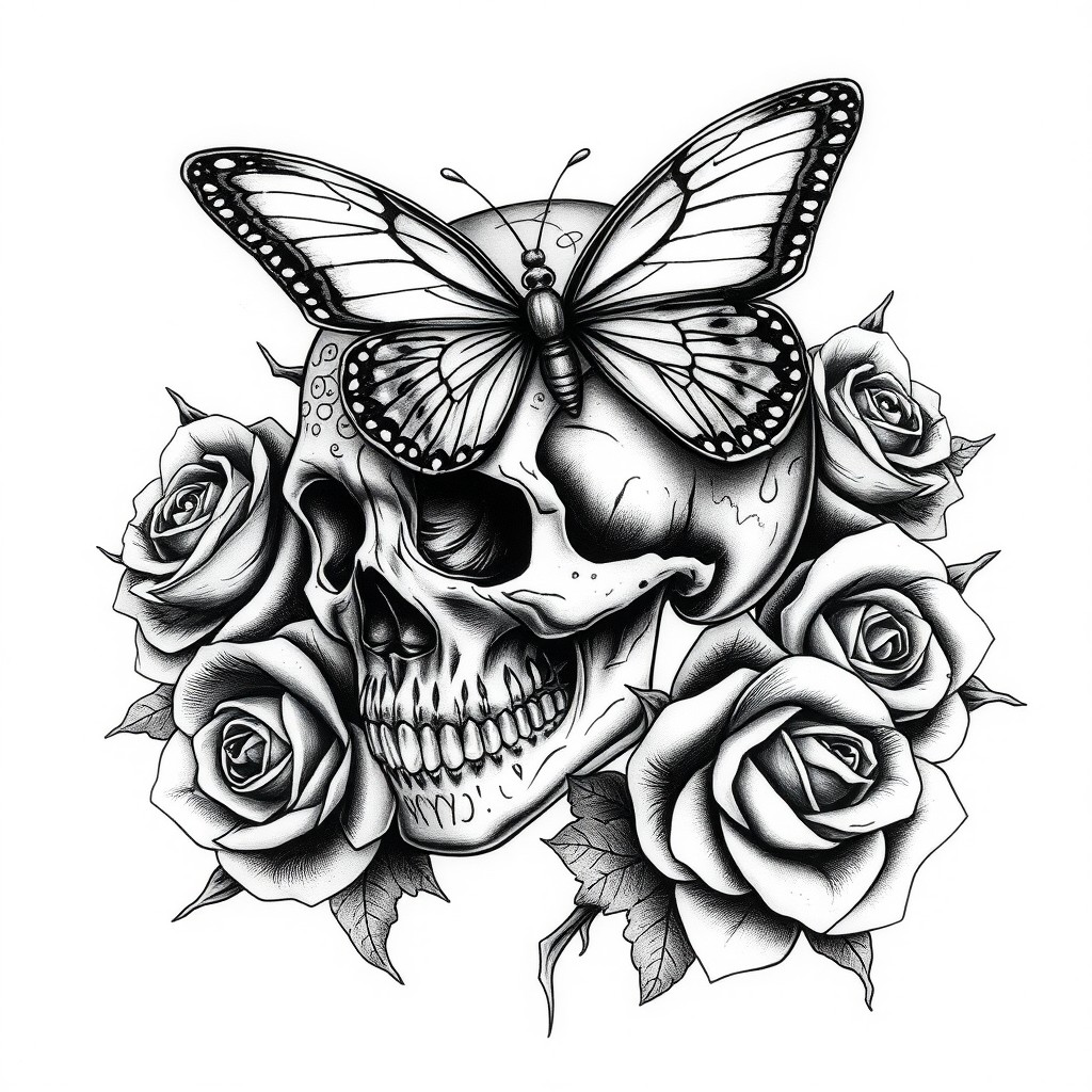 A gothic tattoo design featuring a detailed skull adorned with a butterfly and surrounded by thorny roses